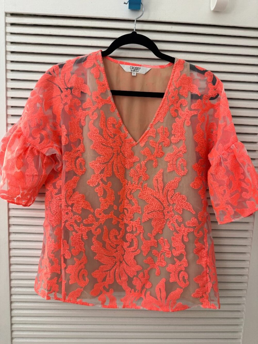 CROSBY by Mollie Burch Coral Floral Lace Ruffle Sleeve Blouse